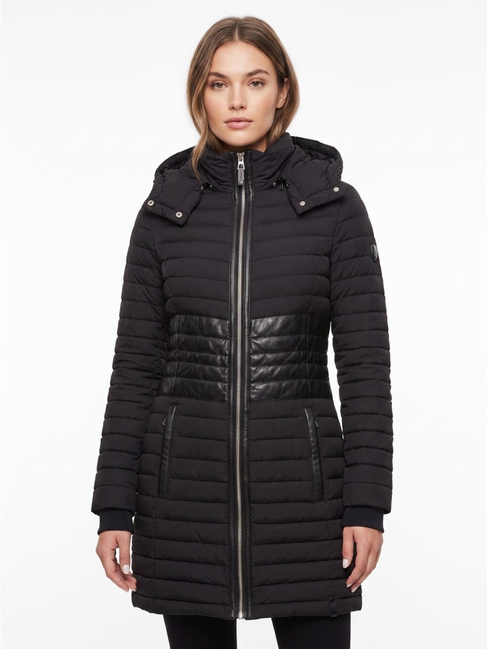 RUDSAK Black Quilted Hooded Coat with Leather Waist Panel